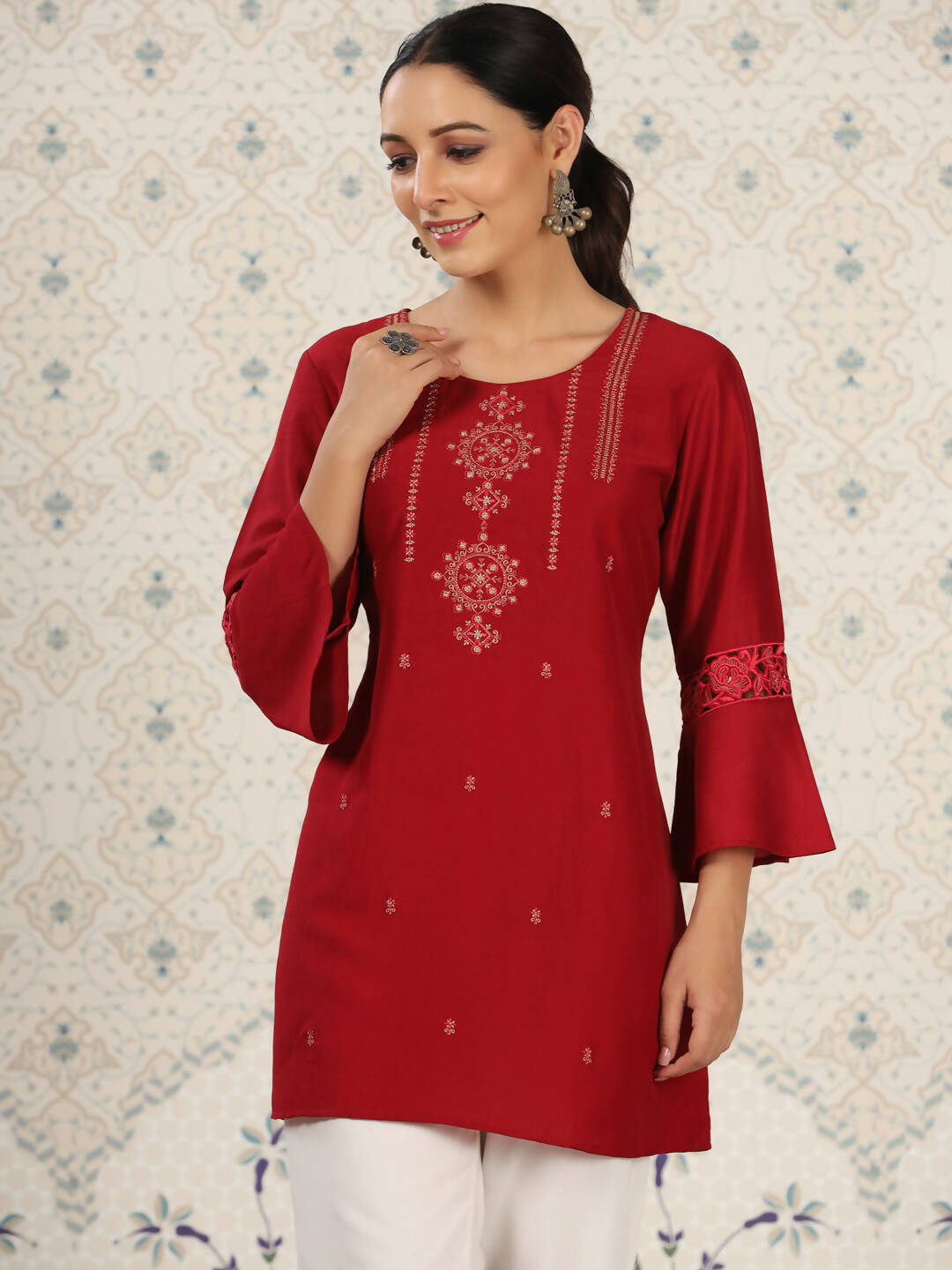 Red Chinon Embroidered Straight Top - Zeny - Distacart
