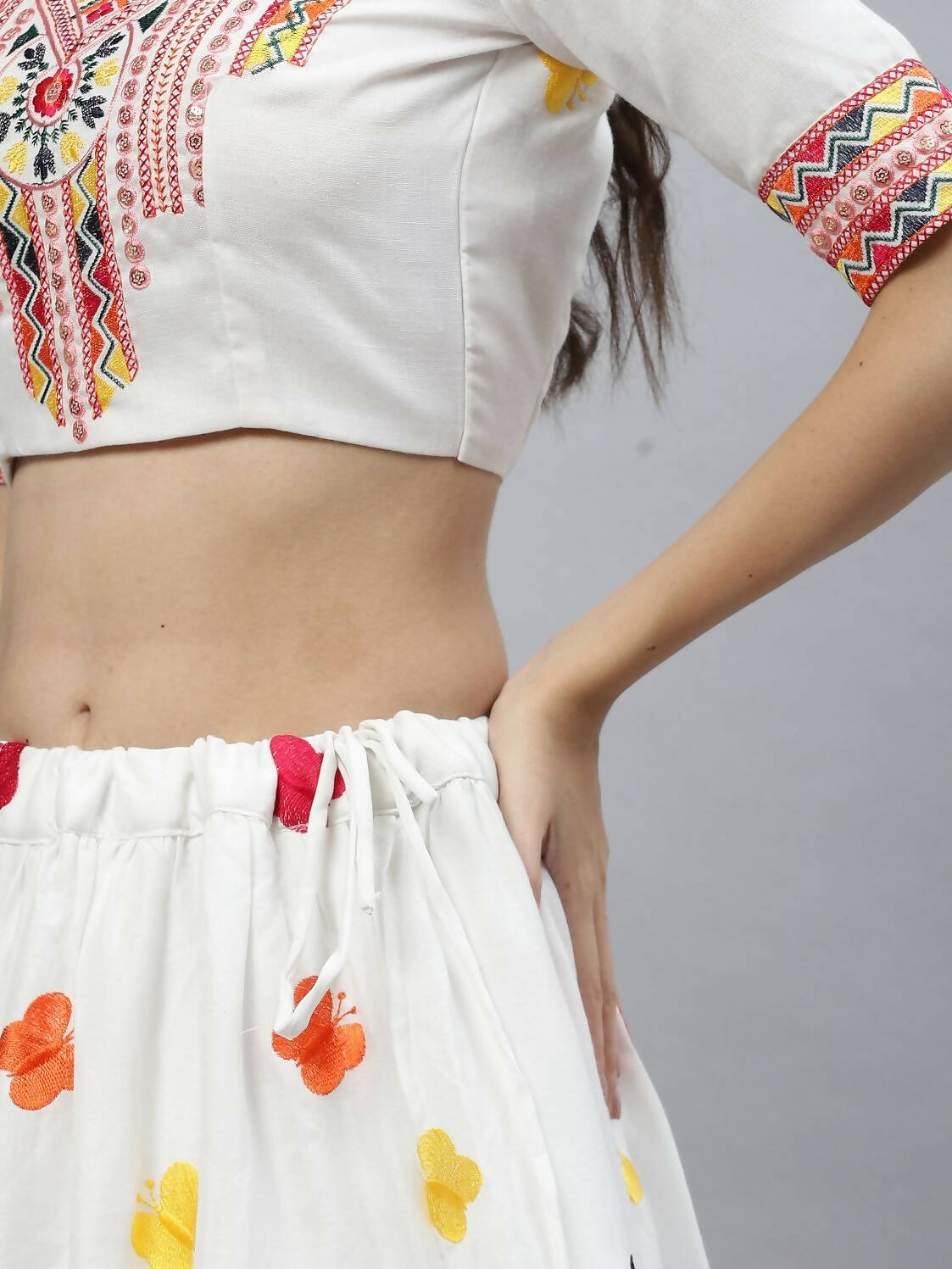 White Cotton Embroidered Work Lehenga Choli with Dupatta - Jivika - Distacart