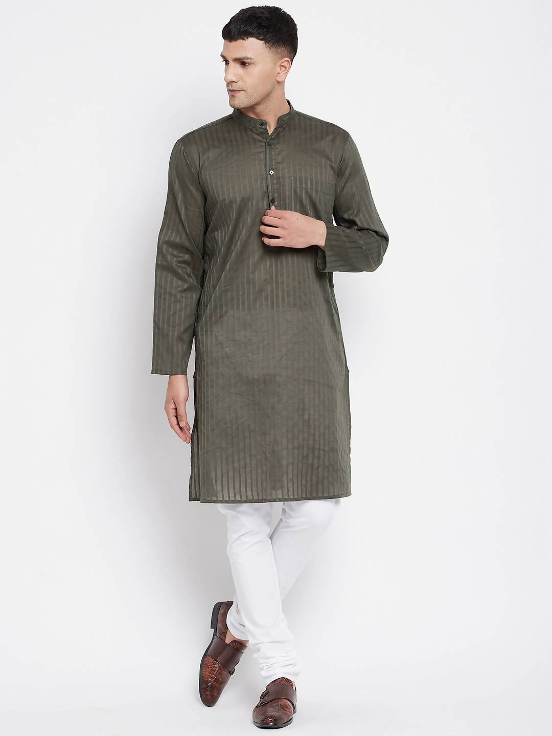Even Apparels Green Men's Pure Cotton Kurta With Band Collar - Distacart