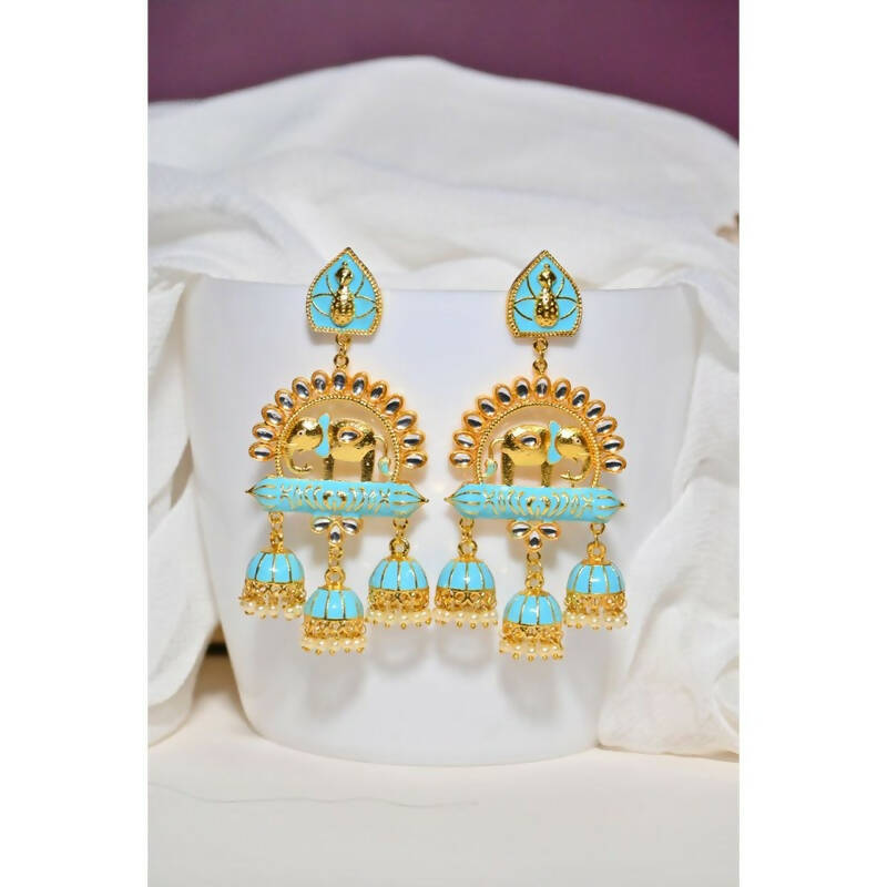Traditional Gold-Plated Elephant Design Kundan Blue Jhumka Jhumki Earrings By House of Ree - Distacart