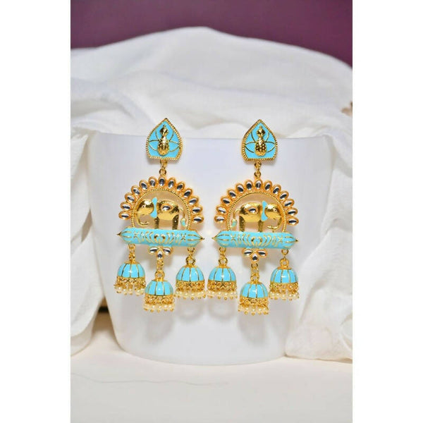 Traditional Gold-Plated Elephant Design Kundan Blue Jhumka Jhumki Earrings By House of Ree - Distacart