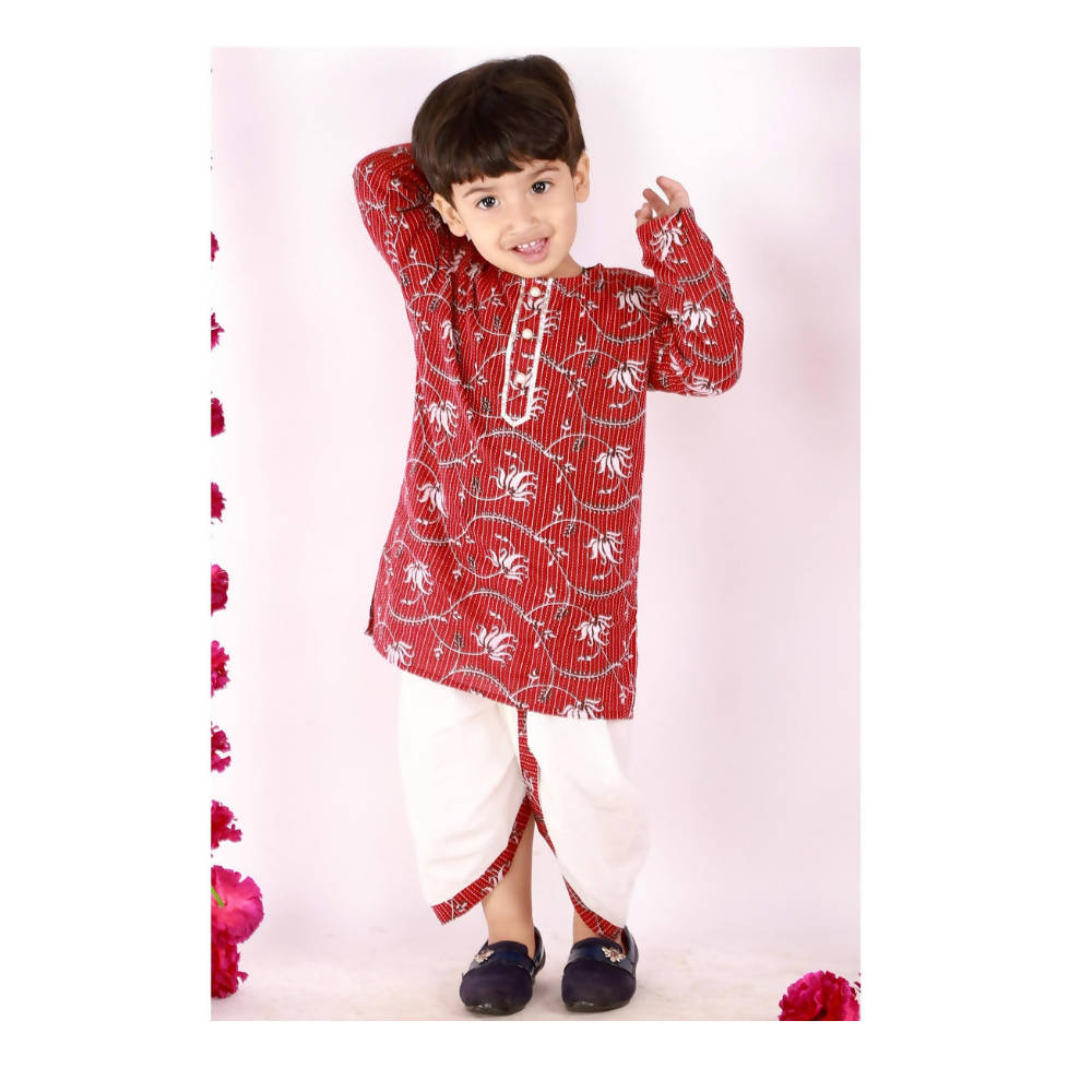 Little Bansi Brown and White Color Bengali Kantha work floral kurta with Dhoti