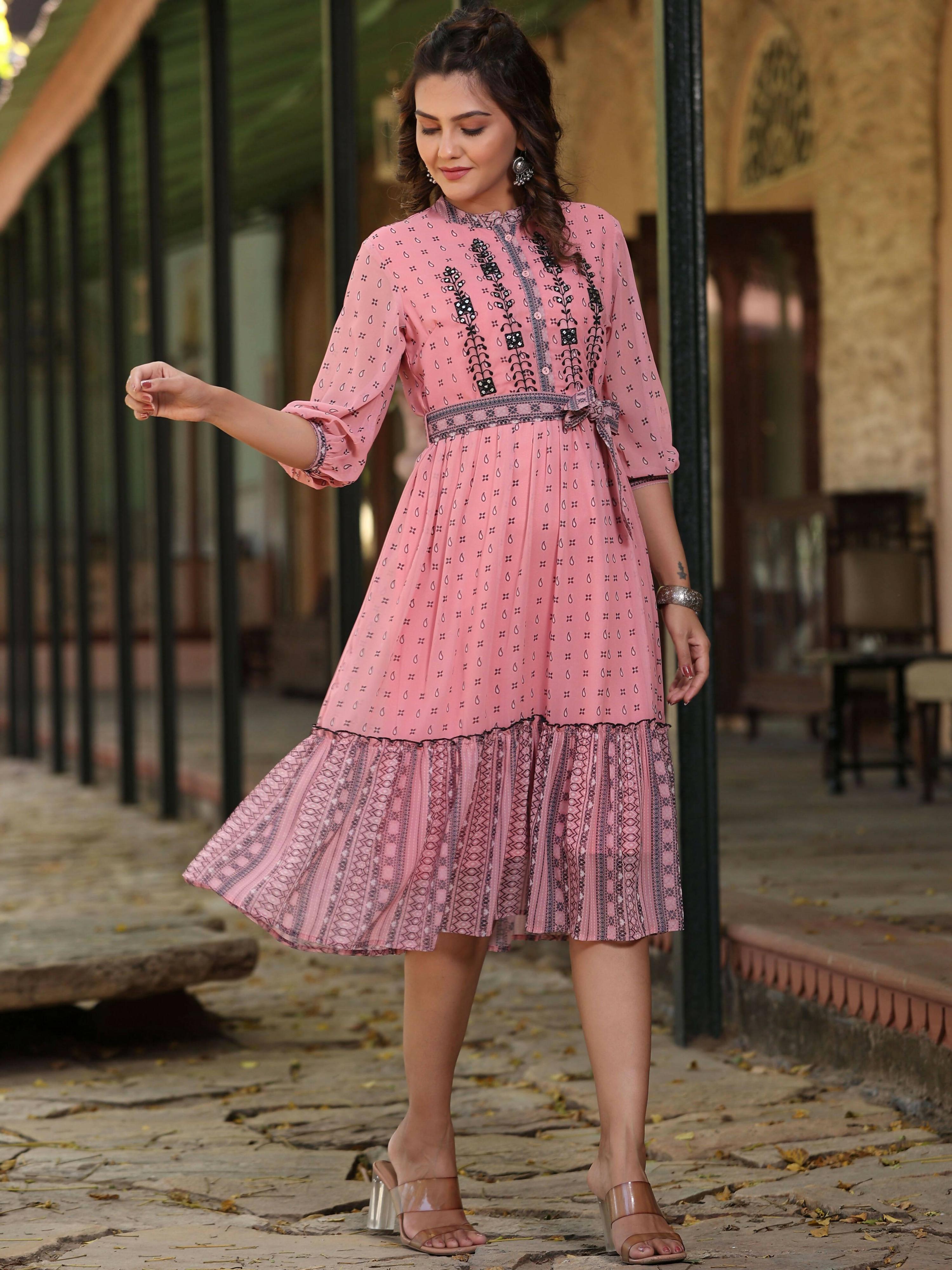 Juniper Women's Pink Georgette Printed Flared Dress - Distacart