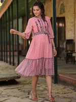 Thumbnail for Juniper Women's Pink Georgette Printed Flared Dress - Distacart