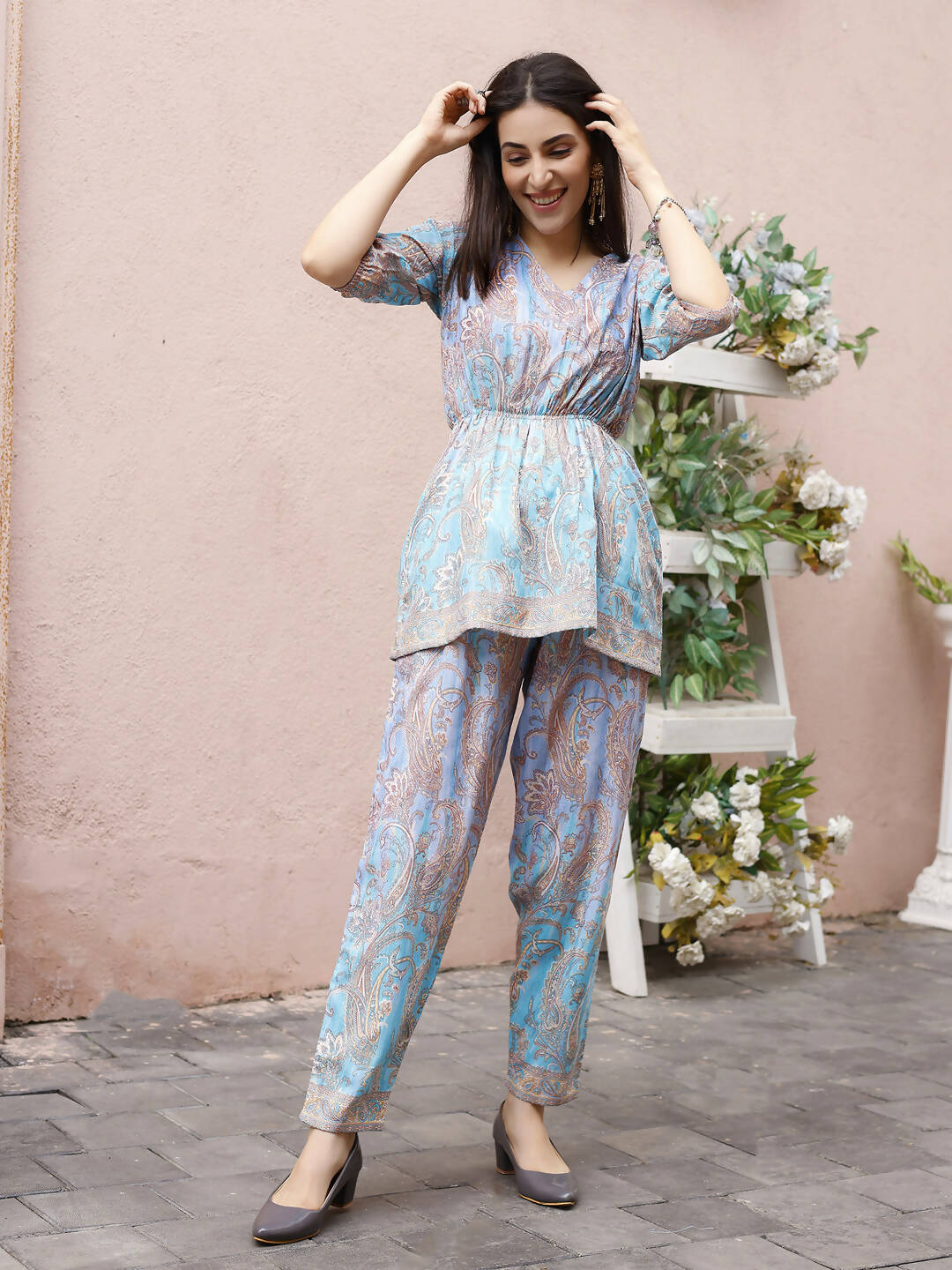 Light Blue Rayon Paisley Printed Top with Matching Bottom - Eesha - Distacart