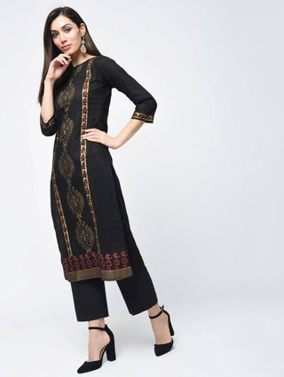 Aniyah Cotton Block Printed Latest Black Straight Kurta (AN-122K)