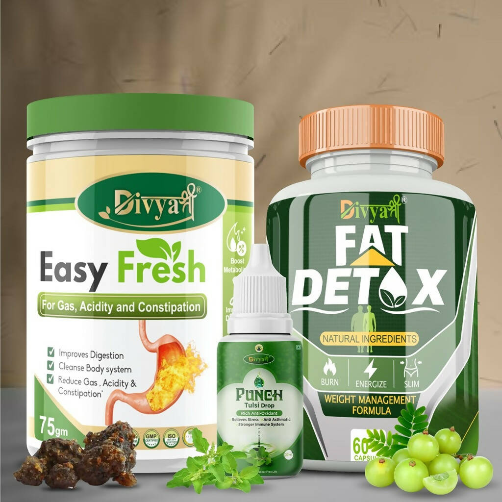 Divya Shree Fat Detox Capsule + Easy Fresh Powder & Punch Tulsi Drop Gas Combo Kit - Distacart