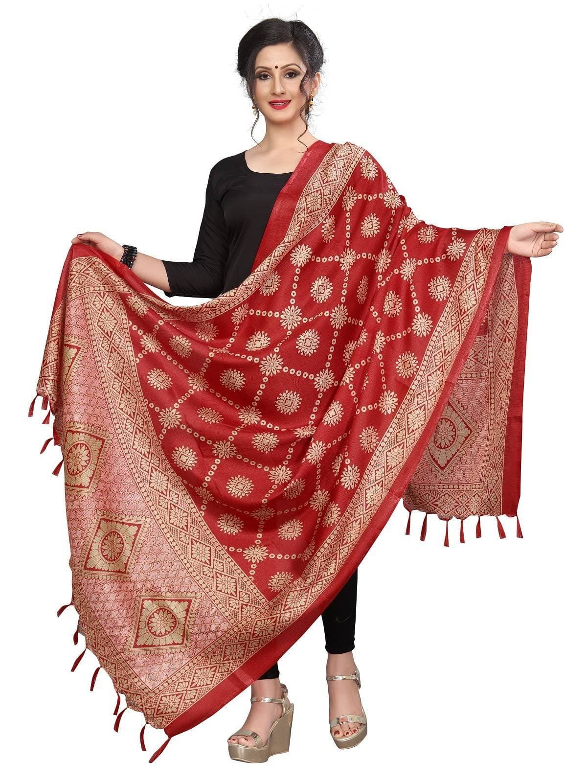 Vamika Traditional Wear Red Printed Khadi Bhagalpuri Dupatta