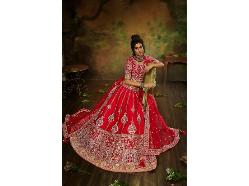 House of Panchhi Red Pure Silk Moti & Zarkan heavy embroidery Lehenga choli & Dupatta - Distacart