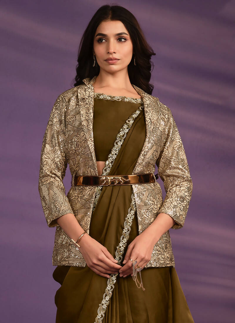 Olive Crepe Shimmer Silk Embroidered Saree With Stitched Blouse - Mohmanthan Exotica - Distacart