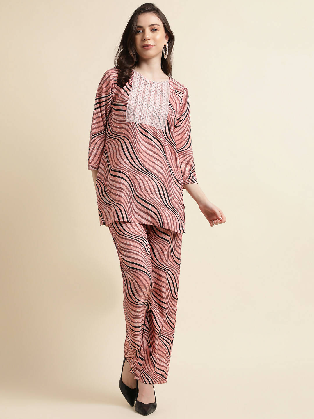 Peach Poly Crepe Digital Printed Top with Matching Bottom - Preeti - Distacart