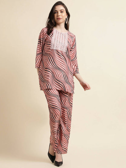 Peach Poly Crepe Digital Printed Top with Matching Bottom - Preeti - Distacart