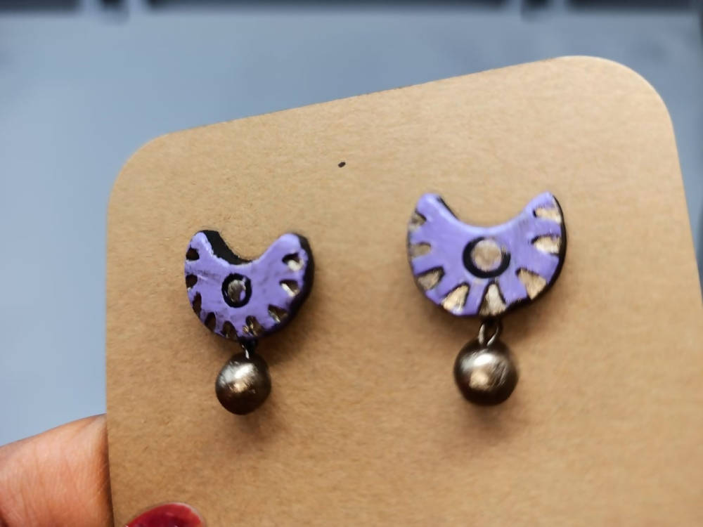 Terracotta Crescent Shaped Ear Studs With Drops