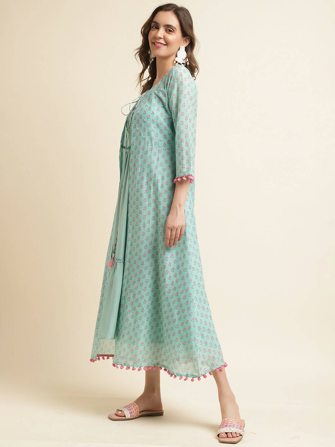 Sea Green Cotton Solid Flared Dress with Printed Shrug - Yukti - Distacart