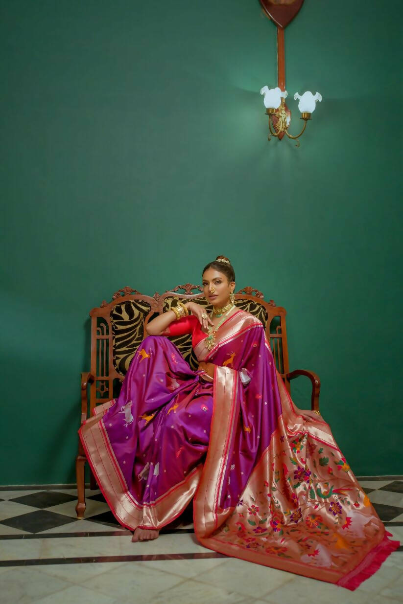 Vishnu Weaves Women's Purple Paithani Silk Zari Woven Saree with Unstitched Blouse - Distacart