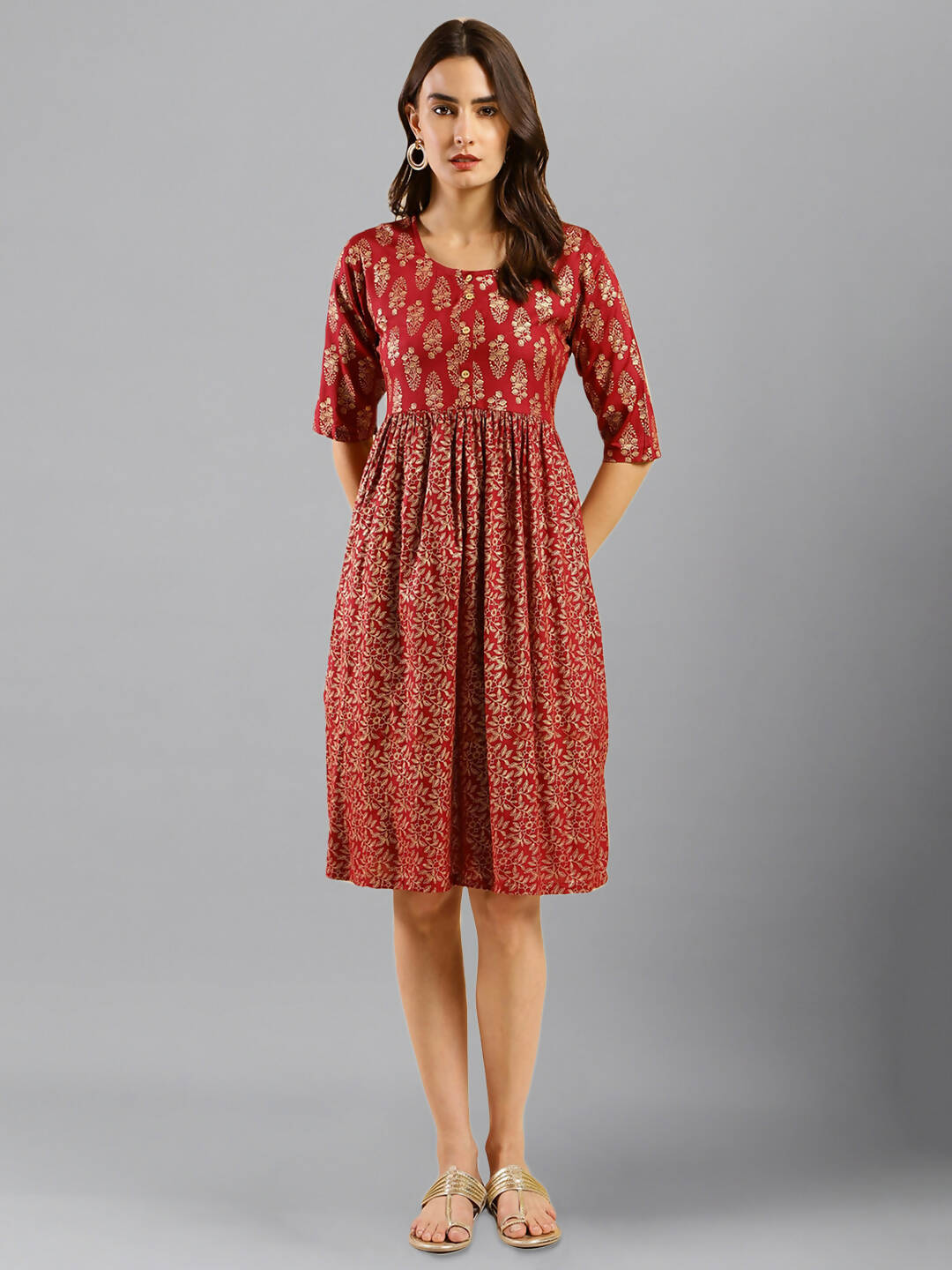 Red Cotton Ethnic Motifs Aline Dress - Poonam - Distacart