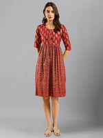 Thumbnail for Red Cotton Ethnic Motifs Aline Dress - Poonam - Distacart