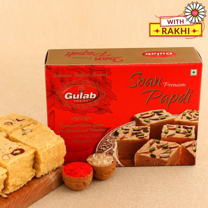 Zardosi Lustrous Rakhi And Soan Papdi Combo