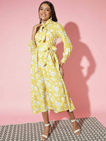Thumbnail for Myshka Women Yellow Floral Rayon A-Line Shirt Collar Dress - Distacart