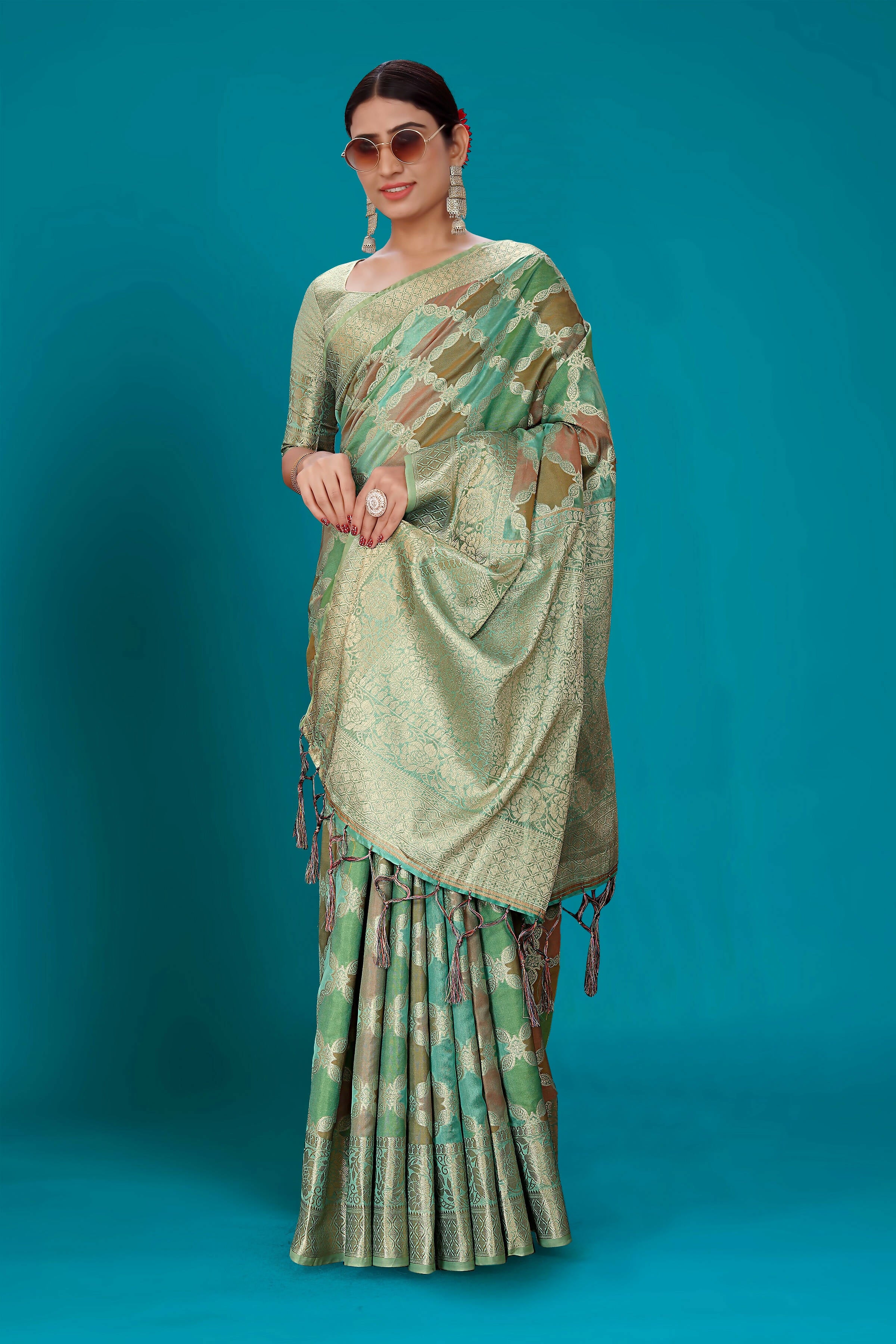 Sea Green Soft Organza Woven Design Saree with Unstitched Blouse Piece - Zaara - Distacart
