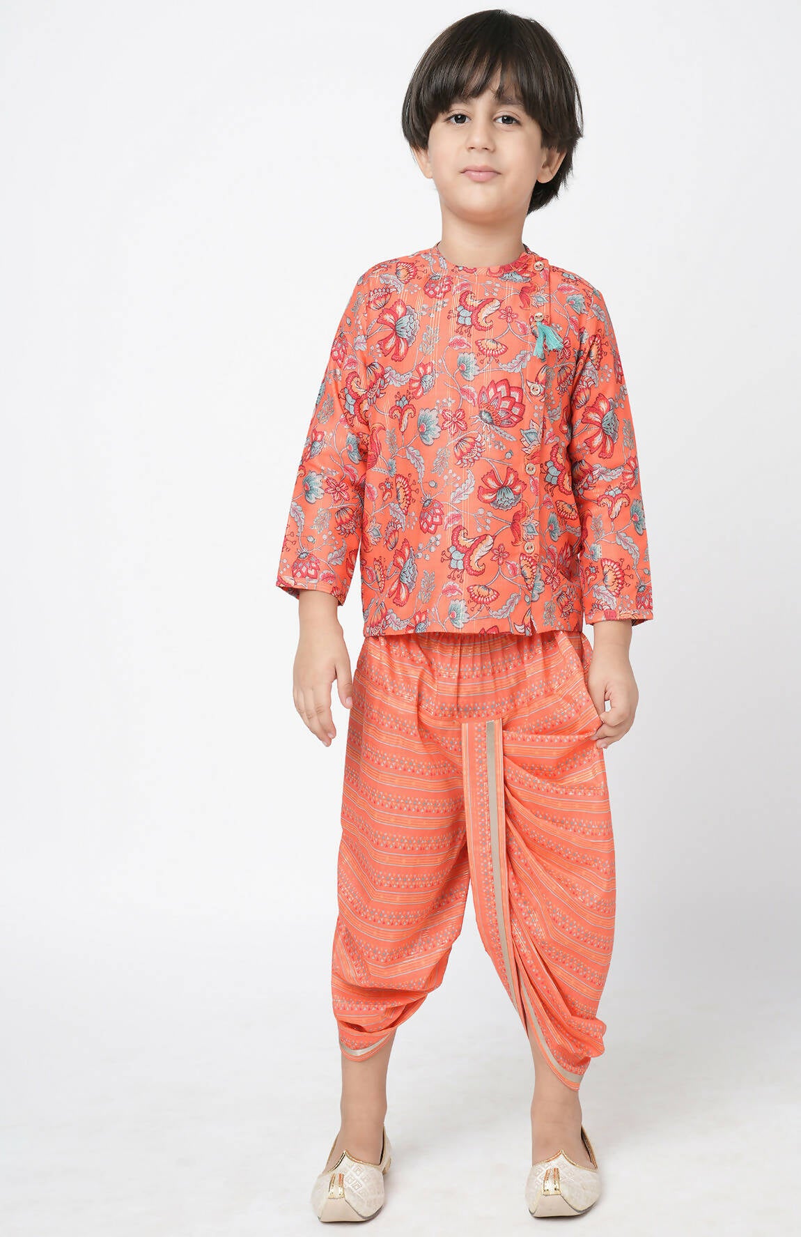 Lil Drama Golden Weaves Boys Orange Kurta With Dhoti Set - Distacart