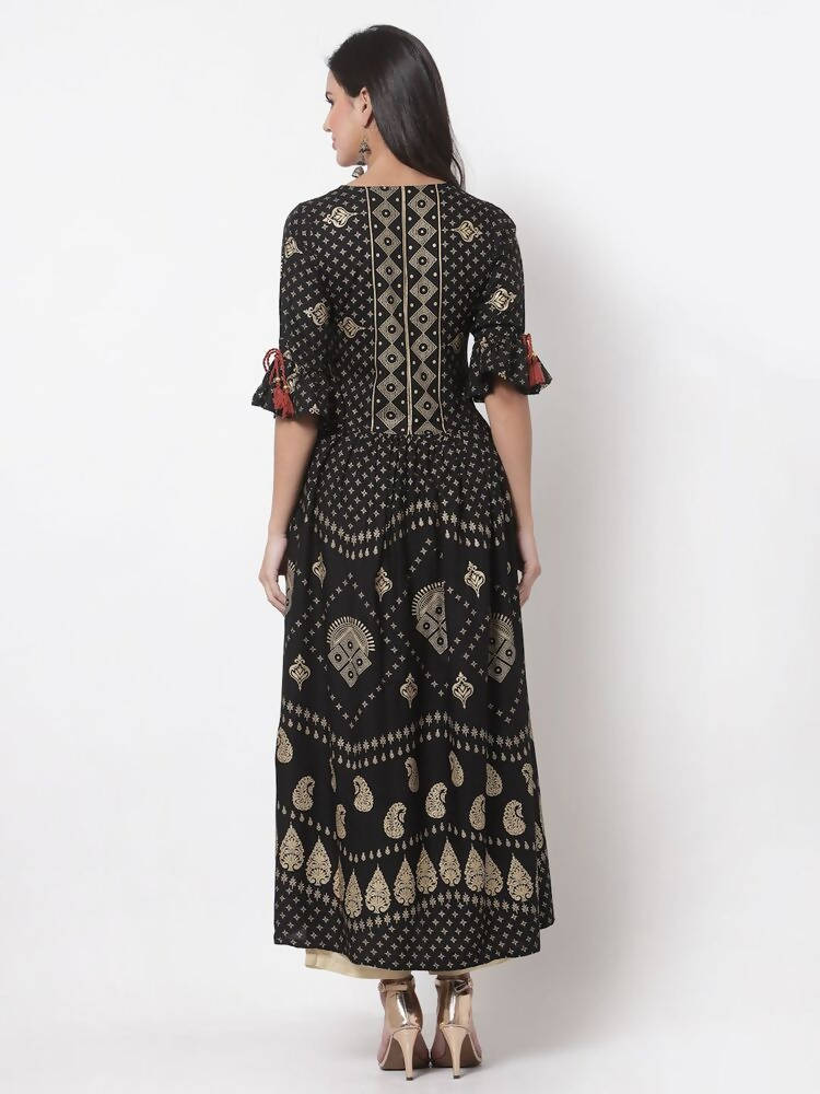 Myshka Women's Black Rayon Printed 3/4 Sleeve V Neck Casual Dress