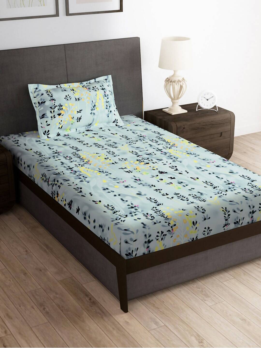 Story@home Arena Grey & Blue Floral Printed 180 TC Bedsheet & Pillow Covers - Distacart