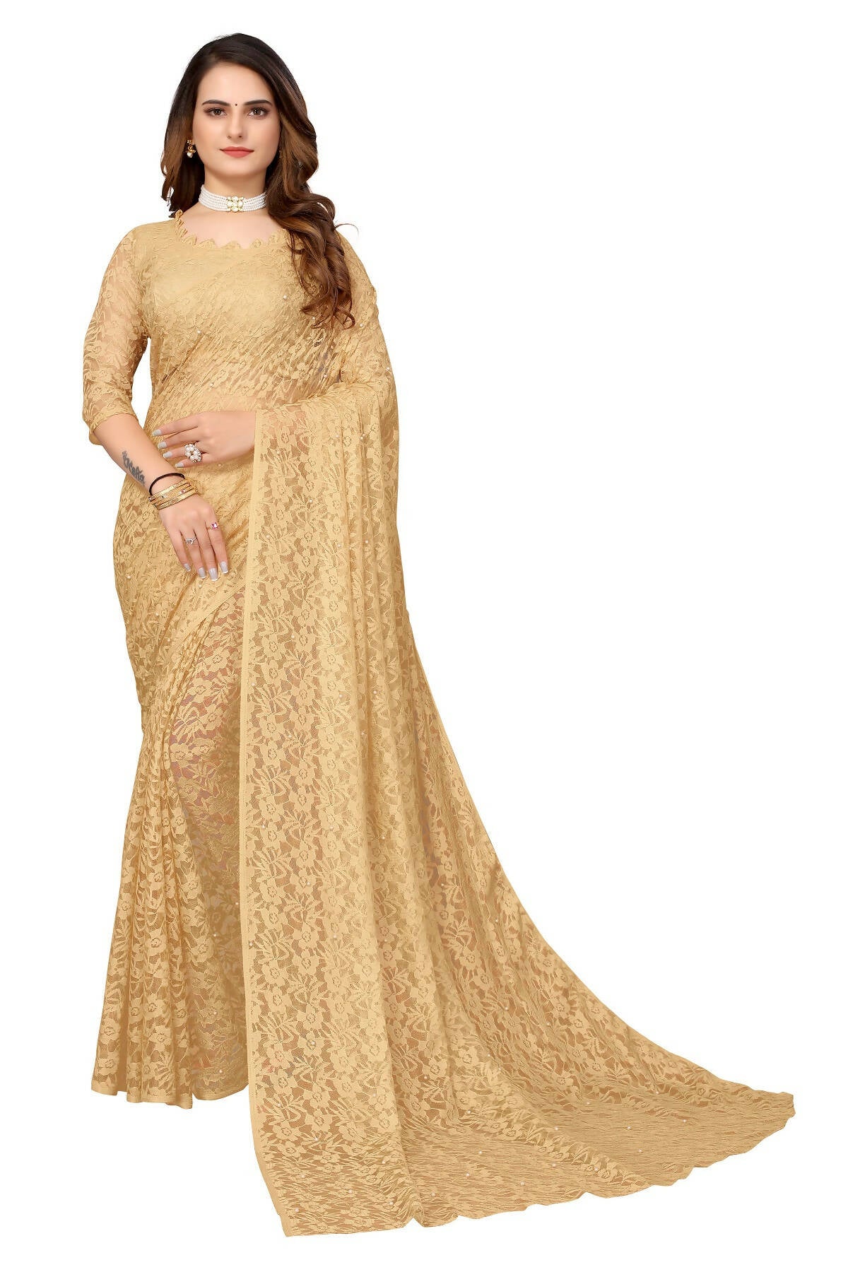 Vamika Brown Pearls Net Saree - Distacart