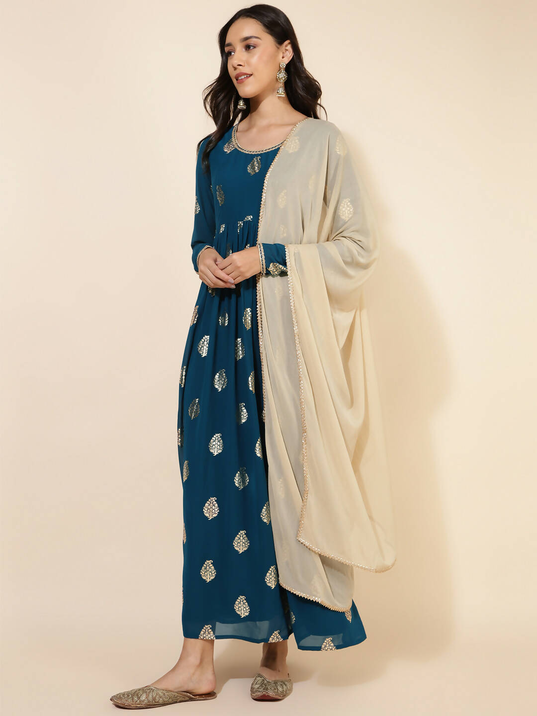 Janasya Women's Teal Blue Georgette Foil Printed Festive Flared Kurta Set - Distacart