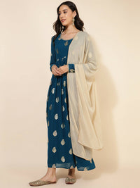 Thumbnail for Janasya Women's Teal Blue Georgette Foil Printed Festive Flared Kurta Set - Distacart