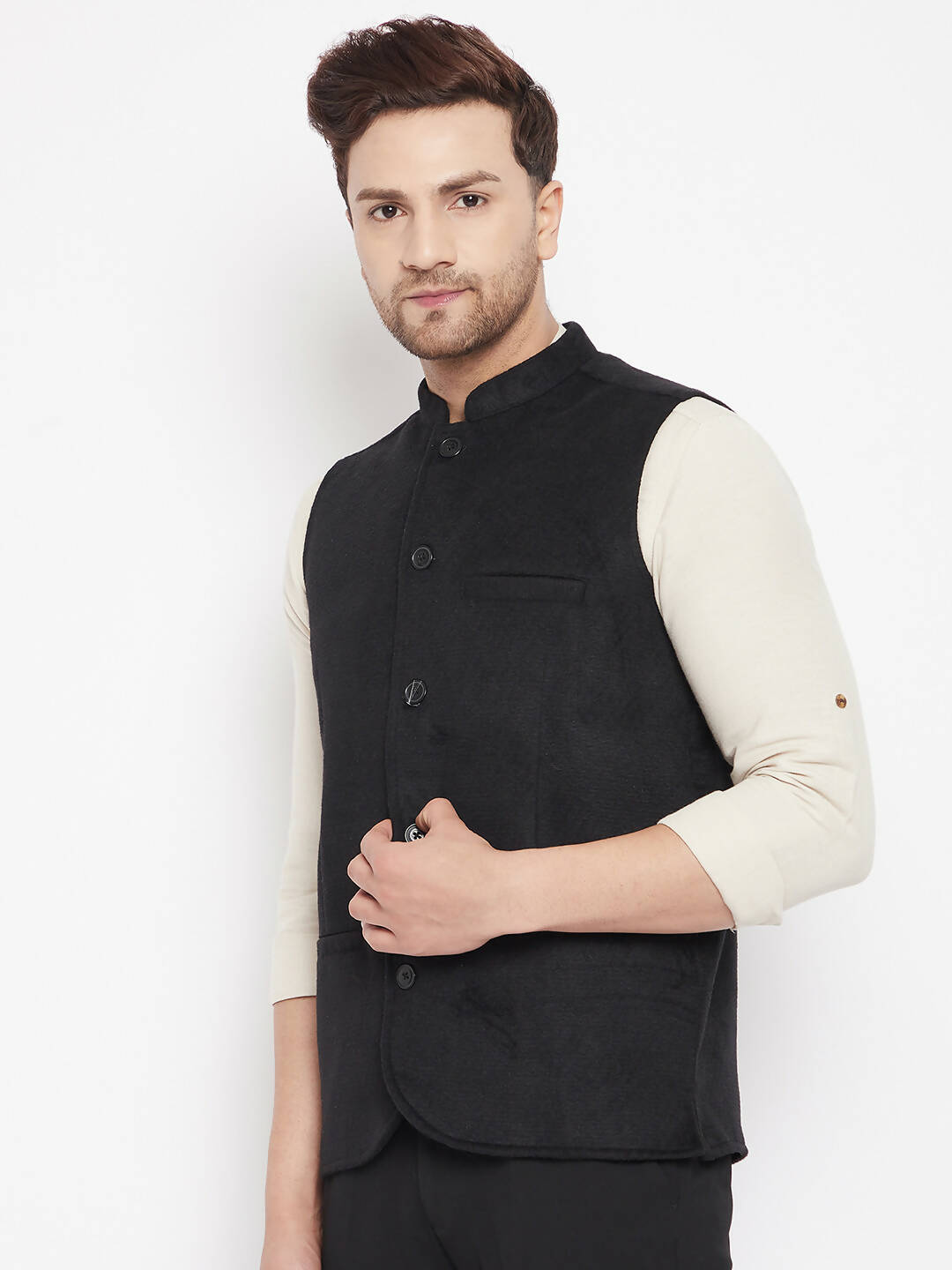 Even Apparels Black Wool Men Woven Nehru Jacket - Distacart