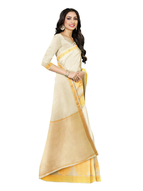 Mimosa Women's Off White Linen Blend Kasavu Saree - Distacart