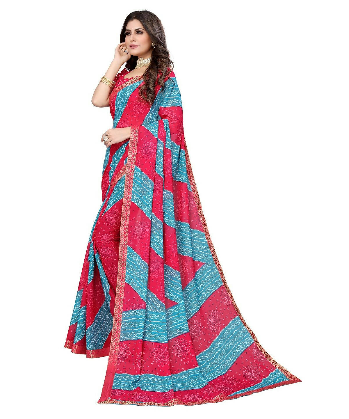Vamika Pink Georgette Printed With Lace Saree (MANYA PINK SKY BLUE) - Distacart