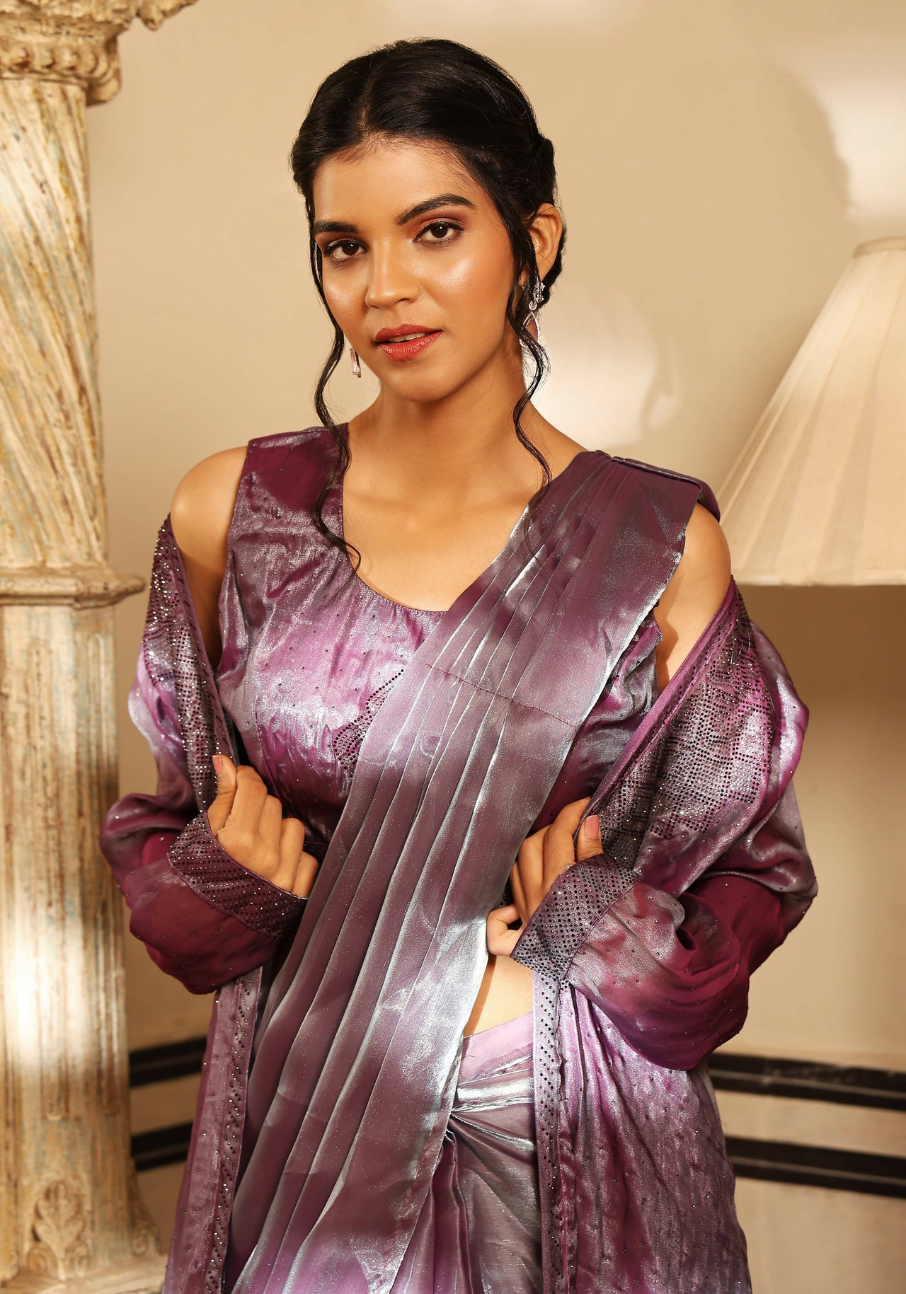 Lavender Tom Silk Plain Ready To Wear Saree With Stitched Blouse - Satiksha - Distacart