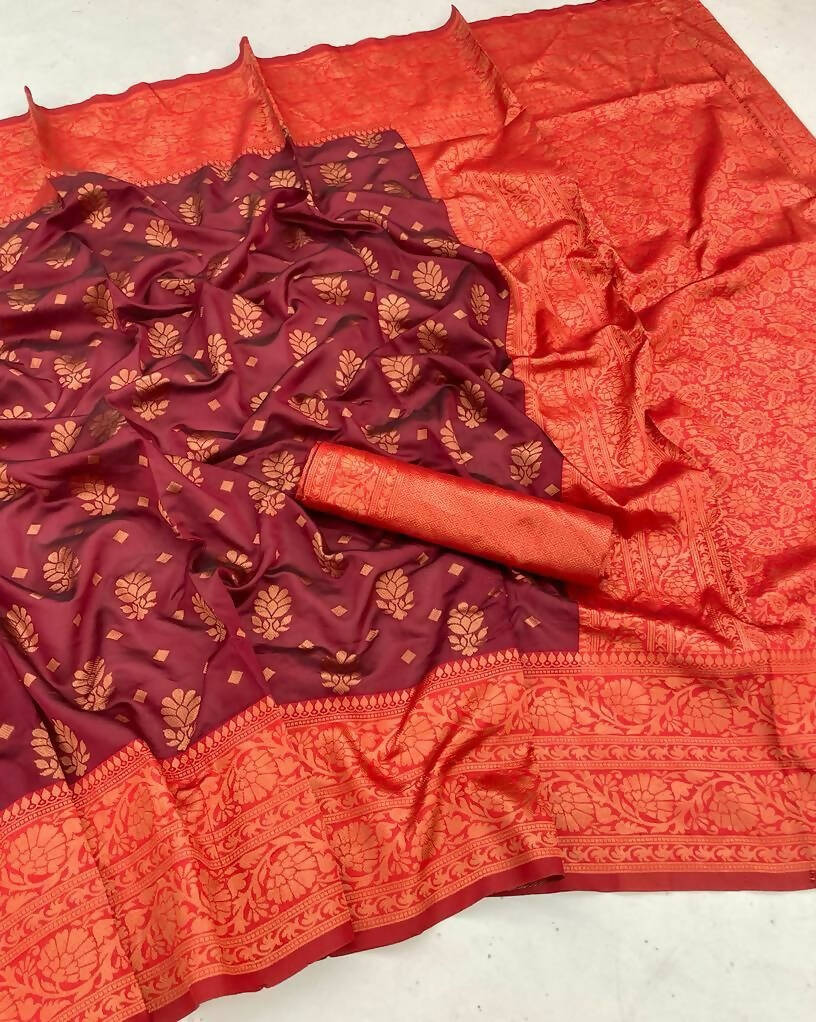 DEIANA'S Beautiful Golden Jari with New Design Soft Lichi Silk Saree - Maroon - Distacart