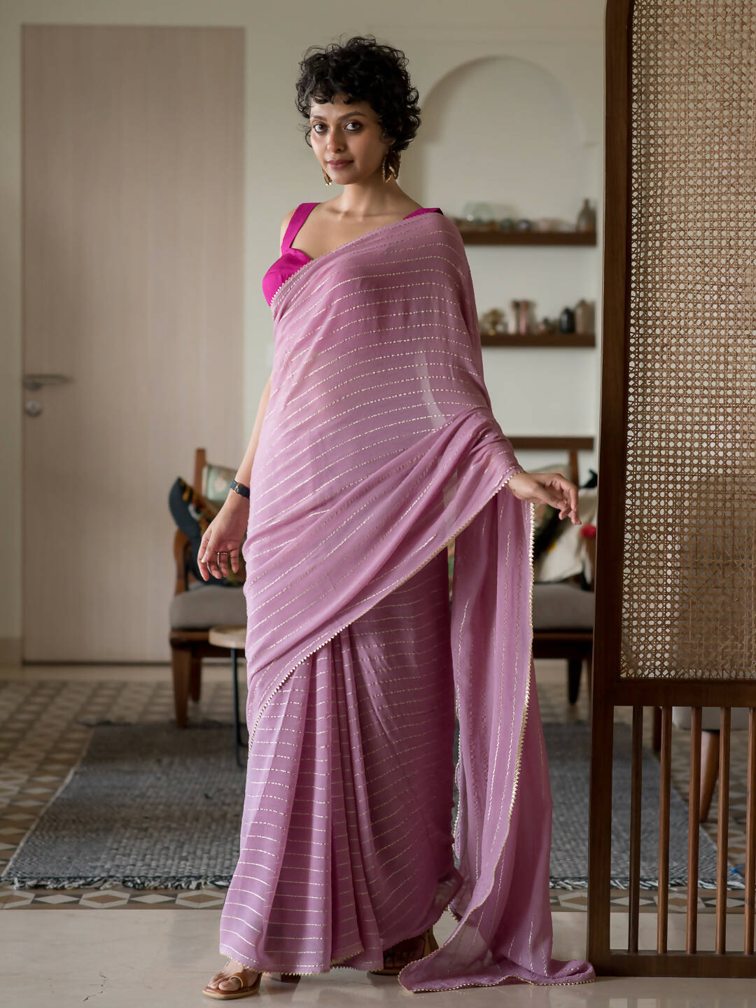 Suta Pink Striped Cotton Blend Saree - Distacart