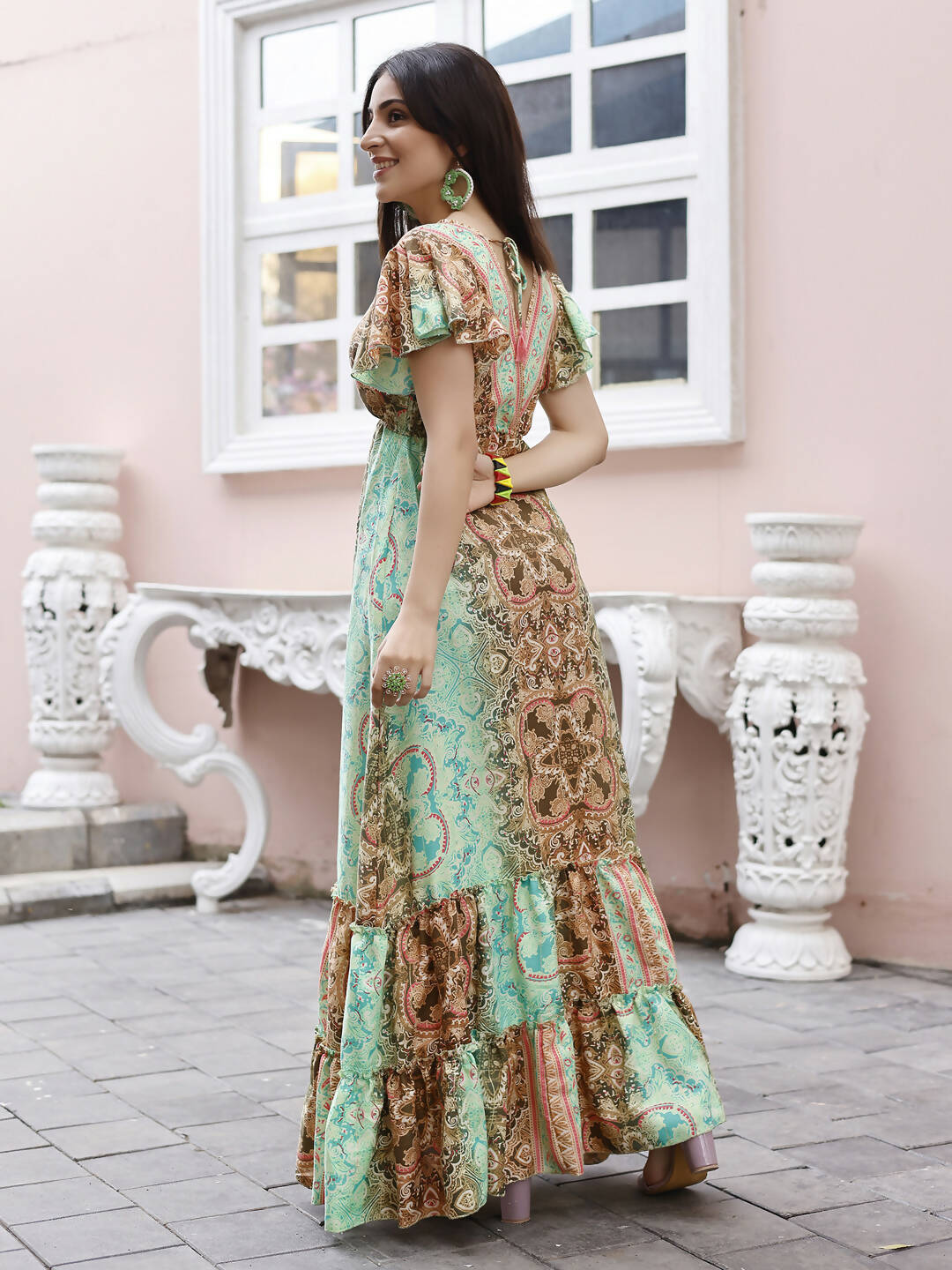 Sea Green Rayon Foil Printed Long Dress - Michan - Distacart