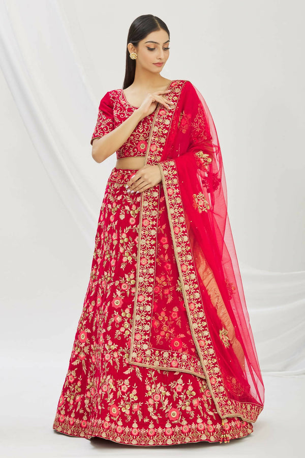 Red Velvet Semi-Stitched Wedding Bridal Lehenga - Nimaya - Distacart