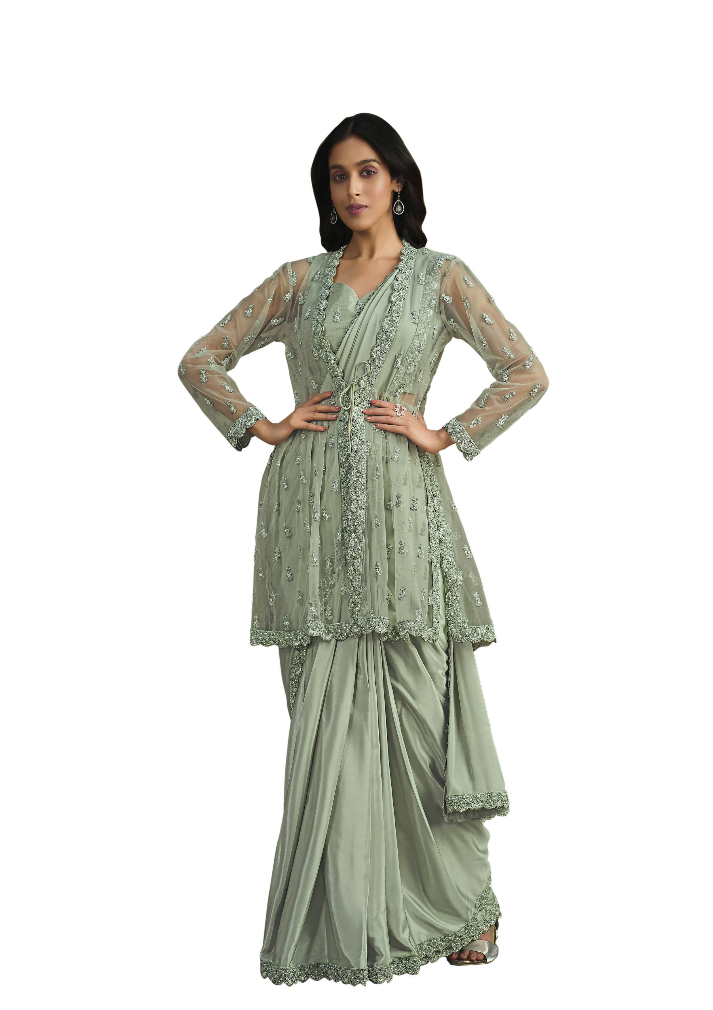 Sea Green Crepe Silk Sequence Embroidered With Stone & Sequence Work Jacket Saree With Stitched Blouse - Mohmanthan La Belle - Distacart