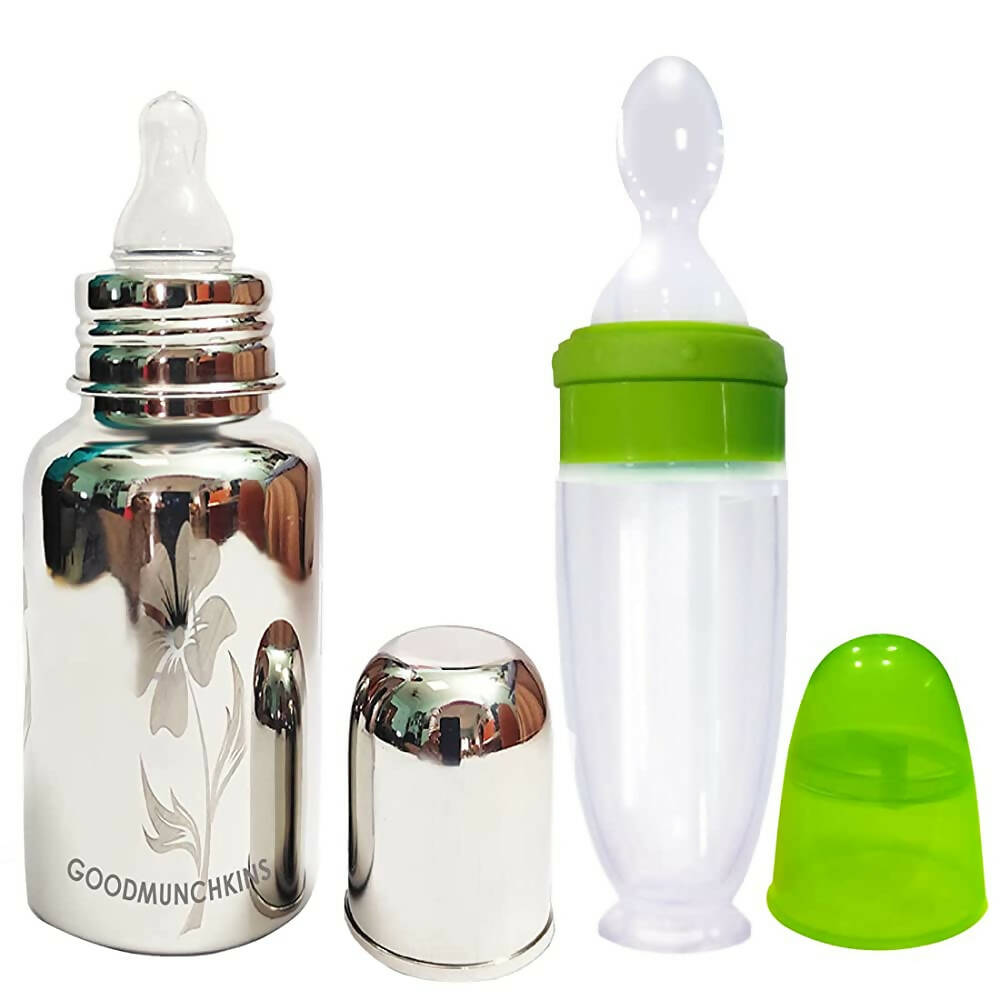 Goodmunchkins Stainless Steel Feeding Bottle 304 Grade Jointless & Spoon Food Feeder for Baby Nipple Feeder 220 ml Combo Pack-Green - Distacart