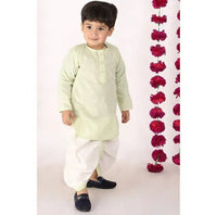 Thumbnail for Little Bansi Green and Cream Color Golden Striped Kurta and Dhoti