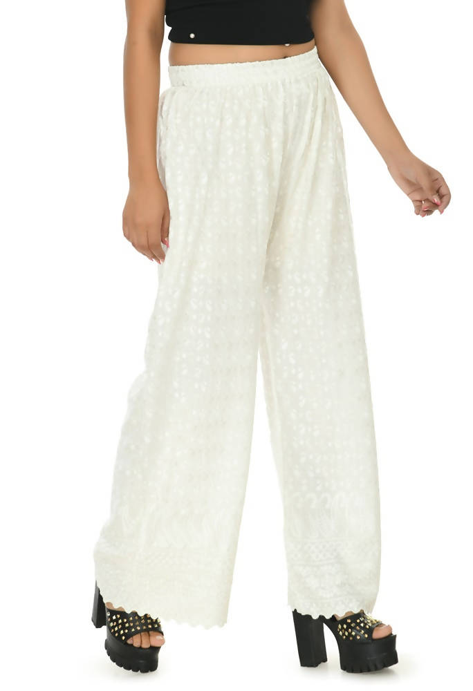 Mominos Fashion Moeza Reyon Cotton White Color Chikan Work Palazzo