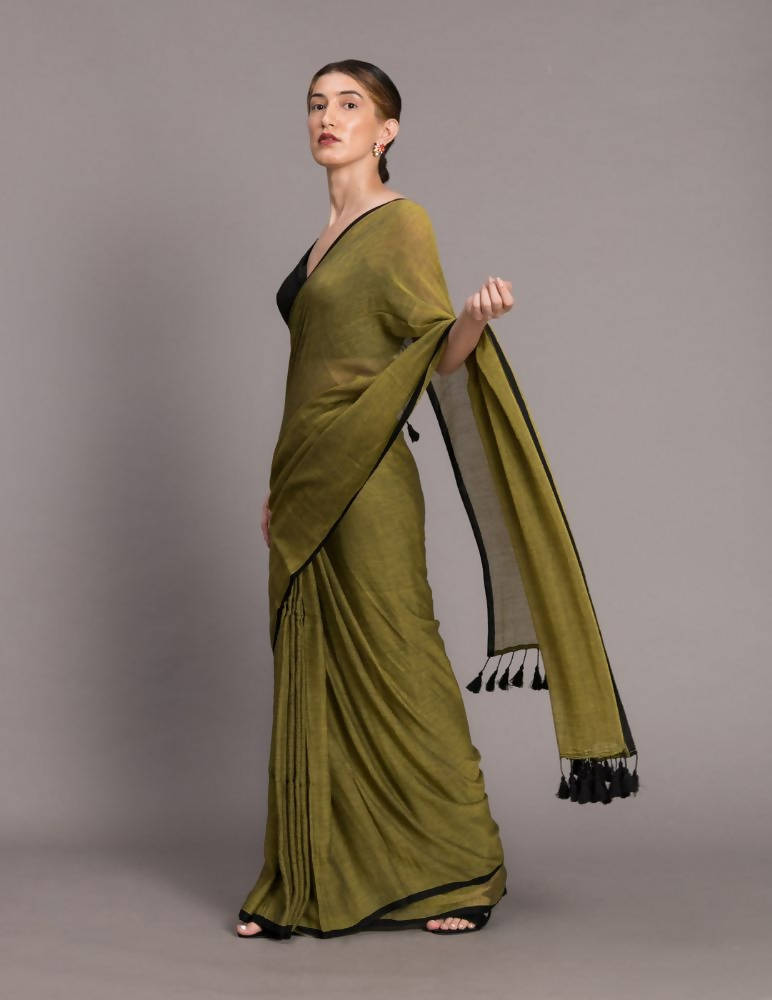 Suta Olive Green Black Solid Pure Cotton Saree - Distacart