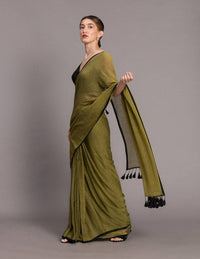 Thumbnail for Suta Olive Green Black Solid Pure Cotton Saree - Distacart