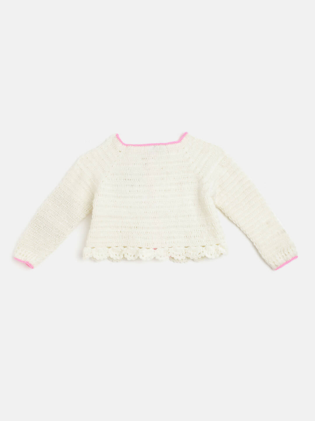 Chutput Kids Woollen Hand Knitted Full Sleeves Cardigan With Short Sleeves Flower Work Dress - Cream - Distacart