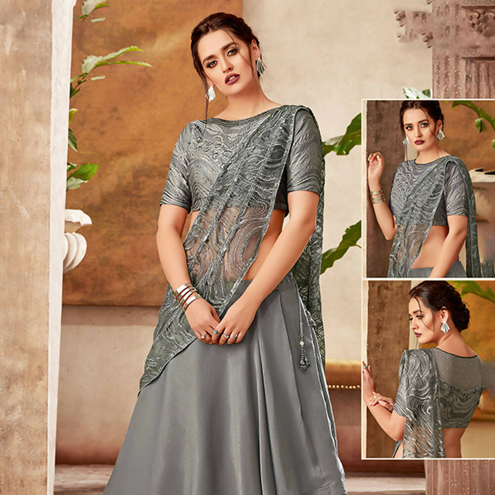 Grey Fancy Velvet Thread, Cord And Sequins Embroidery Semi-Stitched Lehenga Saree - Mohmanthan Dezzy - Distacart