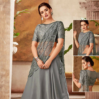 Grey Fancy Velvet Thread, Cord And Sequins Embroidery Semi-Stitched Lehenga Saree - Mohmanthan Dezzy - Distacart