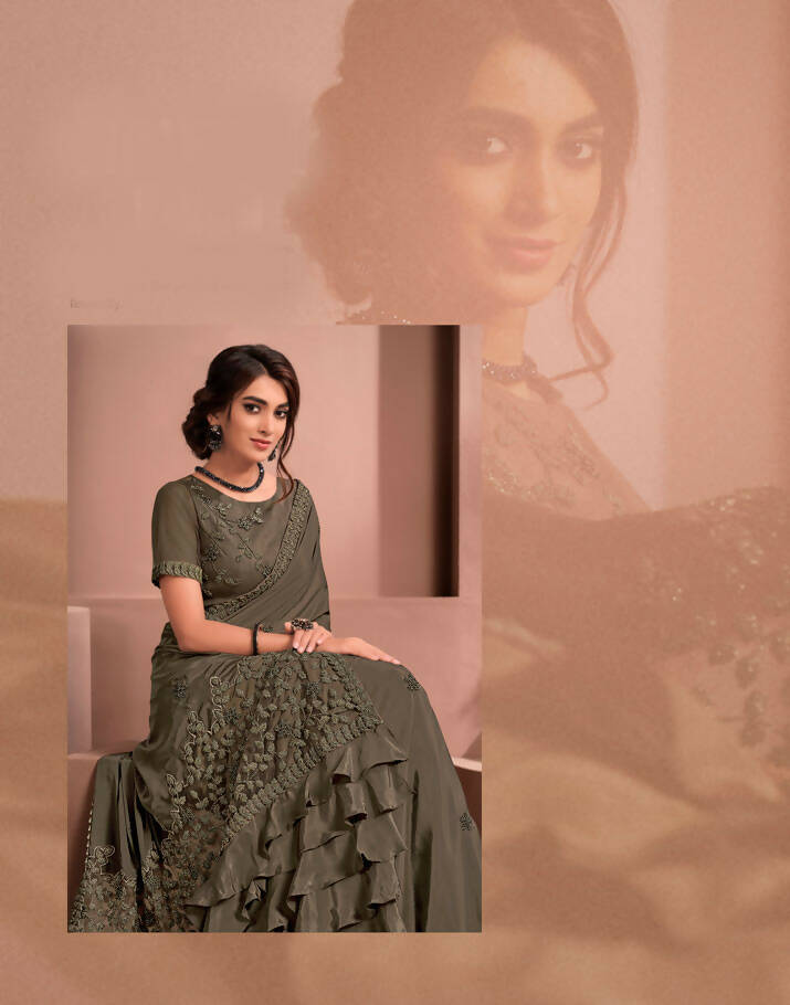 Brown Colored Crepe Embroidered Saree With Unstitched Blouse - Norita Raissa - Distacart