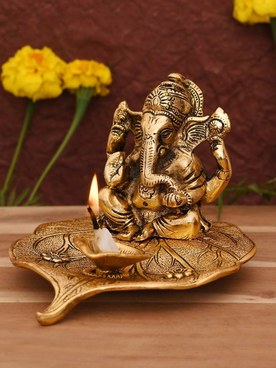 CraftVatika Gold Toned Aluminium Ganesh with Diya Idol - Distacart
