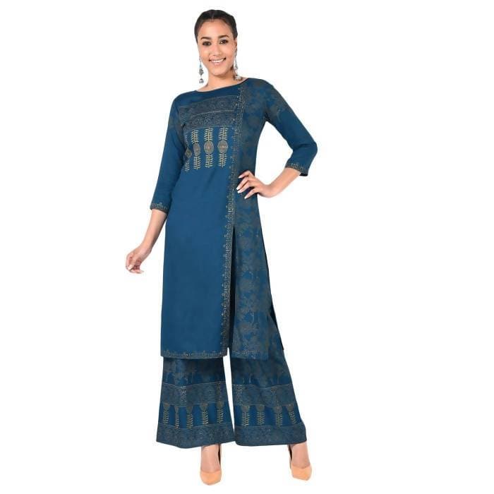 Aniyah Rayon Block Print Front Slit Straight Kurta In Blue Color (AN-167K)